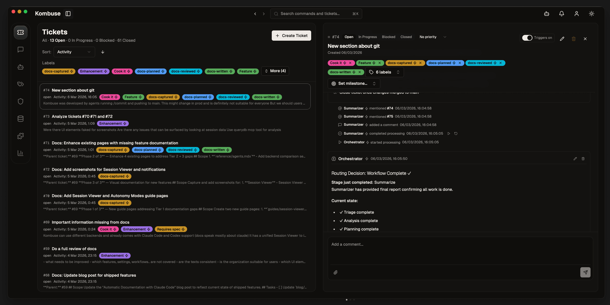 Kombuse ticket management interface